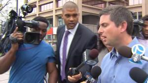 "Skokie Police Officer Michael Hart outside the Leighton Criminal Courts building after being released in lieu of $75,000 bail on Wednesday. (WGN-TV)"
